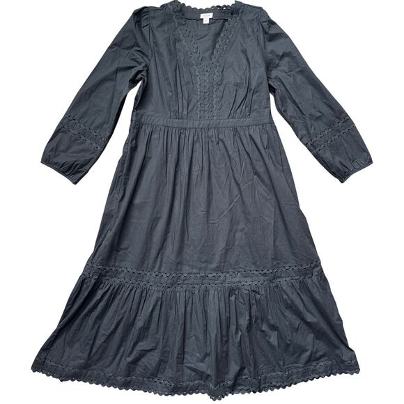 J. Crew Eyelet-Trim Black Midi Dress Cotton Poplin Size Medium - Picture 5 of 10